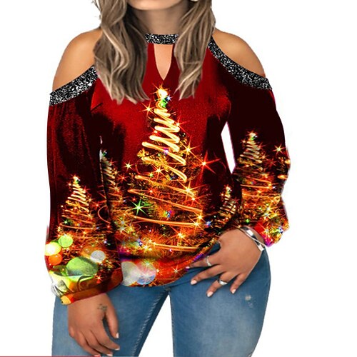 

Women's Plus Size Christmas Tops Blouse Shirt Tree Print Long Sleeve Crew Neck Casual Holiday Festival Daily Cotton Winter Fall Green Black