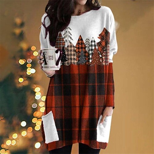 

Women's Casual Dress T Shirt Dress Tee Dress Shift Dress Mini Dress Red Long Sleeve Color Block Pocket Winter Fall Spring Crew Neck Fashion Christmas Daily Date 2022 XS S M L XL XXL 3XL 4XL 5XL