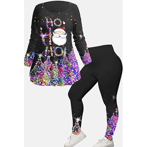 

Women's Plus Size Tops Christmas Set Santa Claus Print Long Sleeve Crew Neck Modern Festival Vacation Polyester Winter Fall Black