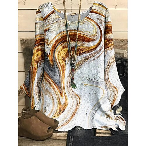 

Women's Blouse Shirt Pink Yellow Sky Blue Graphic Abstract Print Long Sleeve Casual Basic Round Neck Regular S
