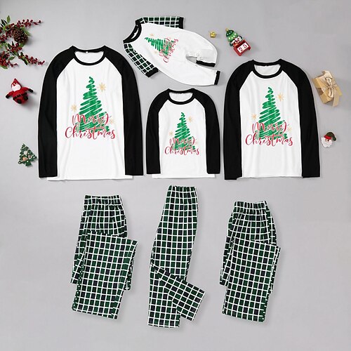 

Christmas Pajamas Family Plaid Letter Christmas Tree Home Black Long Sleeve Basic Matching Outfits