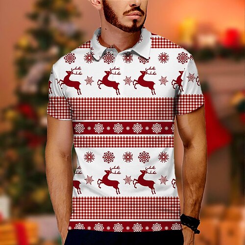 

Men's Christmas Golf Shirt 3D Print Deer Animal 3D Print Button-Down Short Sleeve Tops Casual Fashion Designer Comfortable Red / Sports / Fall / Winter