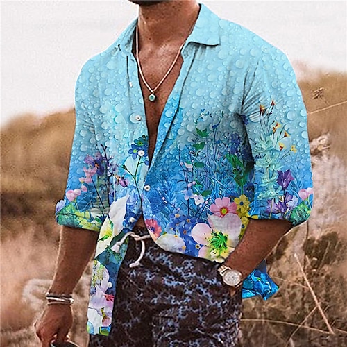 

Men's Shirt Floral Graphic Prints Turndown Blue Pink 3D Print Outdoor Street Long Sleeve Button-Down Print Clothing Apparel Fashion Designer Casual Soft