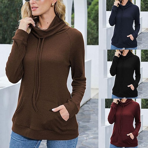 

amazon women's european and american autumn and winter new solid color long-sleeved waffle turtleneck top pocket knitted sweater