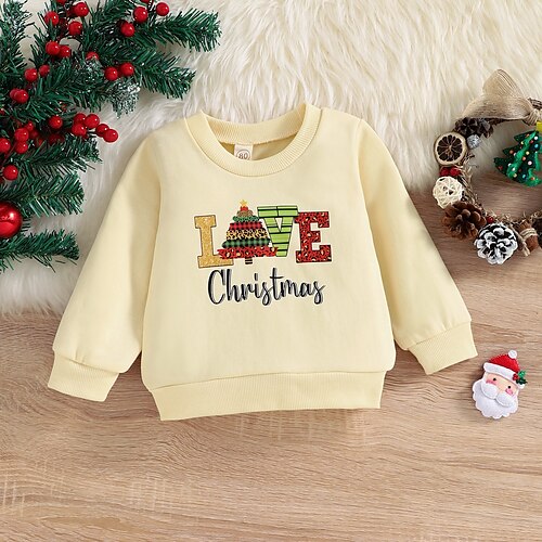 

Toddler Girls' Christmas Sweatshirt Letter Outdoor Long Sleeve Active 3-7 Years Winter Beige