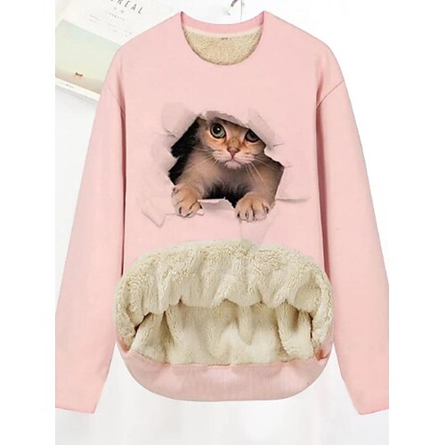 

Women's Sweatshirt Pullover Basic Black Blue Pink Cat Street Round Neck Long Sleeve Fleece S M L XL 2XL 3XL