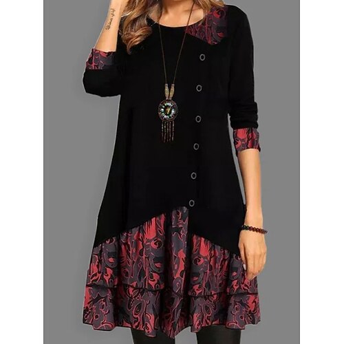 

Women's Casual Dress Shift Dress Vintage Dress Mini Dress Black 3/4 Length Sleeve Button Winter Fall Spring Crew Neck Modern Christmas Vacation Weekend 2022 S M L XL XXL 3XL