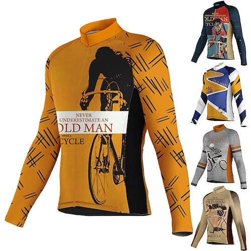 

Men's Cycling Jersey Long Sleeve Bike Jersey Top with 3 Rear Pockets Mountain Bike MTB Road Bike Cycling Breathable Quick Dry Moisture Wicking Reflective Strips Dark Blue Orange Brown Graphic Spandex