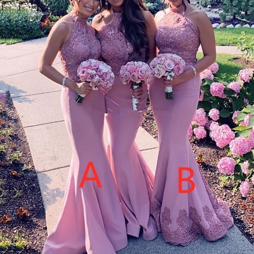 

Mermaid / Trumpet Bridesmaid Dress Halter Neck Sleeveless Beautiful Back Sweep / Brush Train Lace / Stretch Chiffon with Pleats / Solid Color 2022
