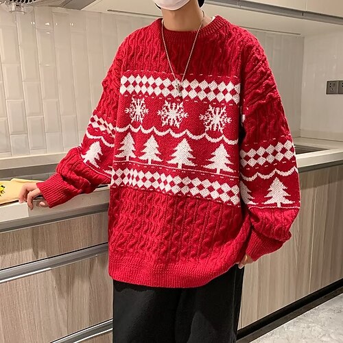 

Men's Ugly Christmas Sweater Ugly Sweater Pullover Sweater Cable Knit Oversized Knitted Christmas Tree Crewneck Stylish Keep Warm Christmas Vacation Clothing Apparel Winter Fall Red & White White M L