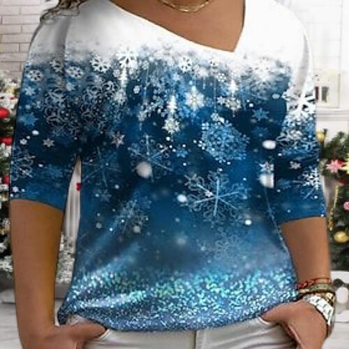 

Women's Plus Size Christmas Tops Blouse Shirt Sunflower Snowflake Print 3/4 Length Sleeve V Neck Casual Daily Polyester Winter Fall Blue