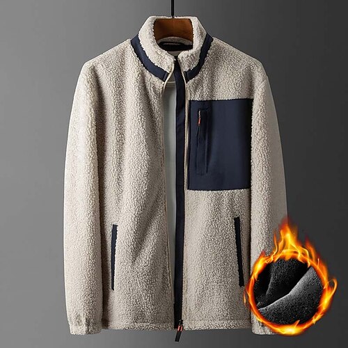 

Men's Fleece Jacket Warm Durable Daily Wear Vacation Going out Zipper Standing Collar Comfort Leisure Jacket Outerwear Patchwork Zipper Pocket Black Beige Coffee