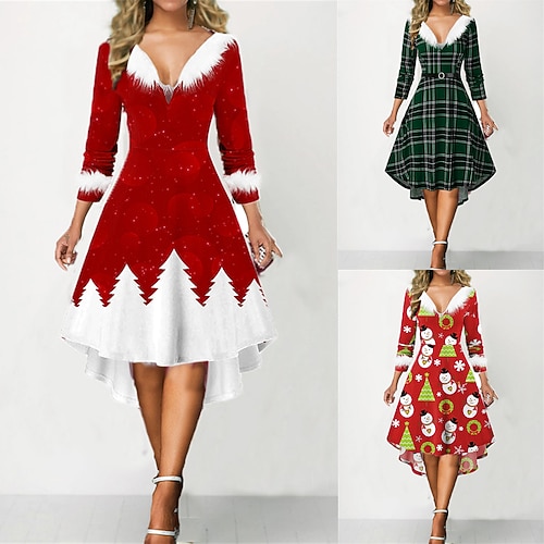 

Women's Christmas Swing Dress Plaid Dress Midi Dress Black gray Green Wine Light Red Red White Black Long Sleeve Print Patchwork With Belt Print Winter Fall V Neck Romantic Classic Traditional Fall