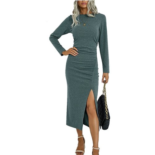 

Mujer Corte Bodycon Vestido tubo Vestido Midi Azul-Verde Negro Vino Manga Larga Color puro Frunce Invierno Otoño Cuello Barco caliente Diario Cita 2022 S M L XL 2XL