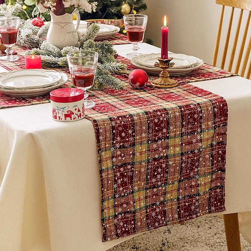 

Christmas Table Runner Long Cotton Linen Holiday Xmas Theme Red Buffalo Plaid Snowflake Farmhouse Rustic Coffee Dining Party Outdoor Christmas Table Runners