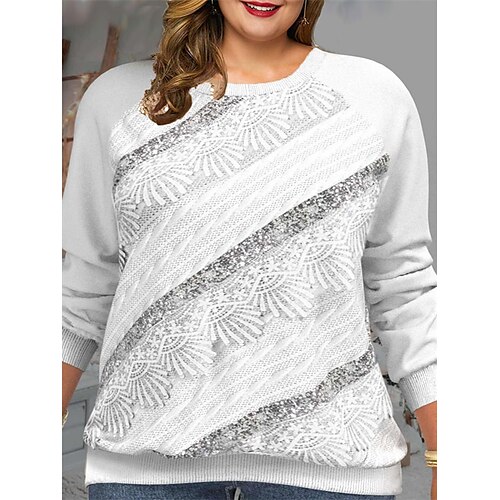 

Women's Plus Size Tops Pullover Sweatshirt Leopard Floral Print Long Sleeve Crew Neck Casual Holiday Daily Vacation Sherpa Winter Fall Grey White