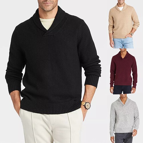 

Men's Sweater Pullover Sweater Jumper Ribbed Knit Cropped Knitted Solid Color Lapel Keep Warm Modern Contemporary Work Daily Wear Clothing Apparel Fall & Winter Wine Black S M L