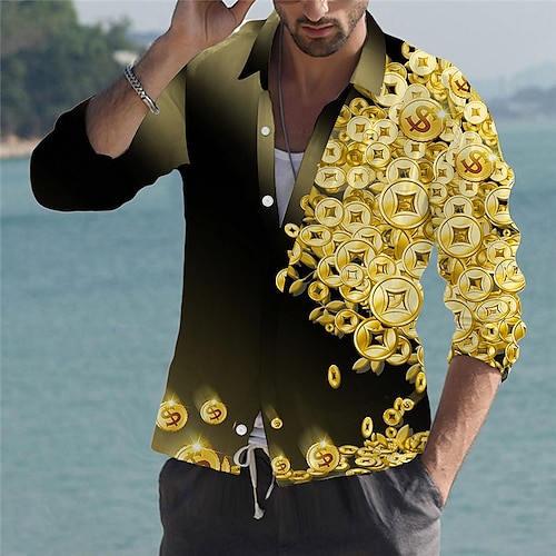 

Homens Camisa Social Estampas Abstratas Dólares Aberto para a Lateral Amarelo Claro Verde Preto Azul Dourado Impressão 3D Ao ar livre Rua Manga Longa Botão para baixo Imprimir Roupa Moda Designer