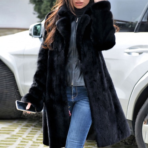 

Women's Winter Jacket Winter Coat Faux Fur Coat Windproof Warm Street Daily Wear Vacation Going out Pocket Cardigan Turndown Casual Modern Street Style Plush Solid Color Regular Fit Outerwear Long