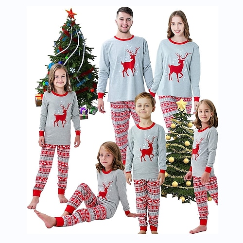 

Christmas Pajamas Family Elk Home Crewneck Light Blue Long Sleeve Adorable Matching Outfits