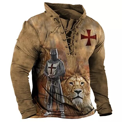 

Men's Sweatshirt Pullover Brown Standing Collar Knights Templar Graphic Prints Lace up Sports & Outdoor Casual Daily 3D Print Basic Streetwear Designer Spring & Fall Clothing Apparel Knight Hoodies