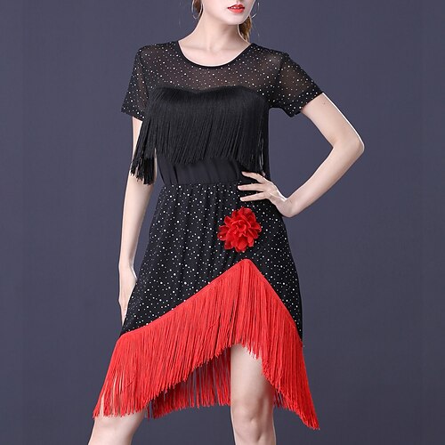 

Latin Dance Ballroom Dance Skirts Tassel Pure Color Splicing Women's Performance Training Short Sleeve High Polyester