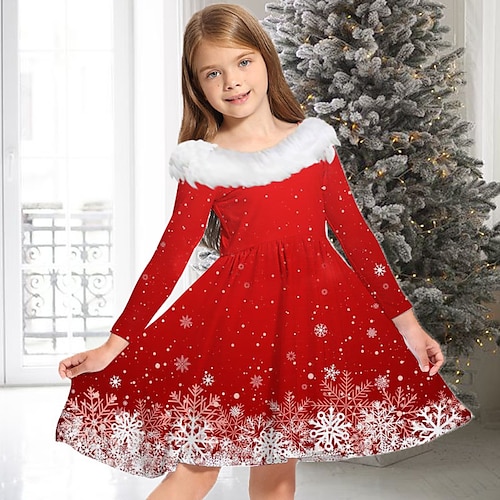 

Kids Girls' Christmas Dress Snowflake Casual Dress Above Knee Dress Christmas Gifts Fur Trim Crew Neck Long Sleeve Adorable Dress 2-13 Years Winter Wine Red