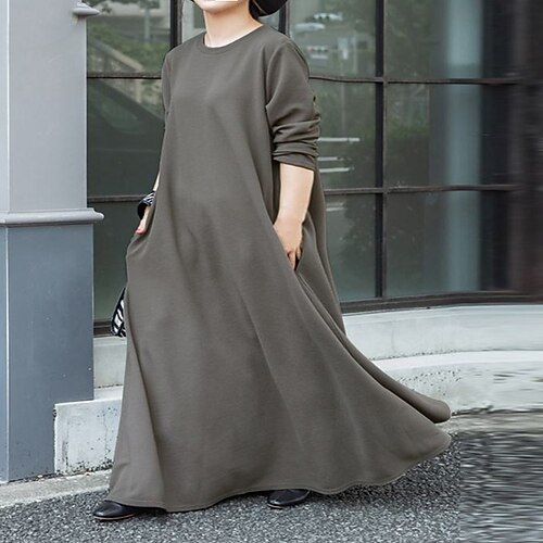 

Women's Plus Size Casual Dress Pure Color Crew Neck Long Sleeve Winter Fall Casual Mature Maxi long Dress Daily Vacation Dress