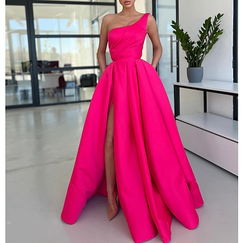 

A-Line Prom Dresses Sexy Dress Formal Floor Length Sleeveless One Shoulder Satin with Pleats Slit 2022