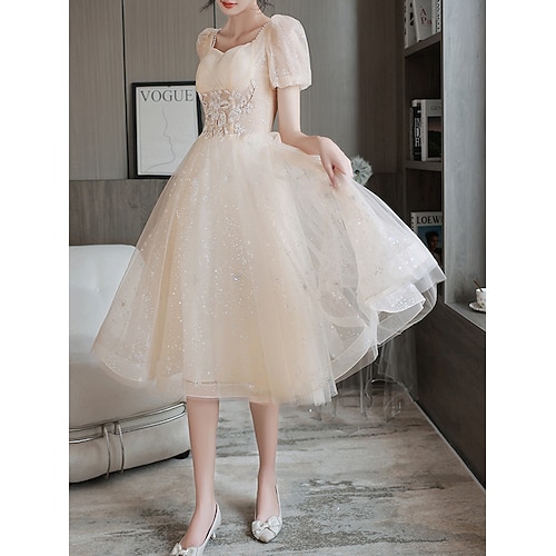 

Linea-A Abiti da ballo Elegante Vestito Abiti da festa Lunghezza tè Mezza manica A cuore Raso con Con applique 2023