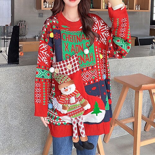 

Women's Ugly Christmas Sweater Pullover Sweater Jumper Ribbed Knit Embroidered Pocket Santa Claus Crew Neck Stylish Casual Outdoor Christmas Winter Fall Red White One-Size