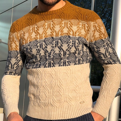 

Men's Sweater Pullover Ribbed Knit Cropped Knitted Color Block Crewneck Keep Warm Modern Contemporary Work Daily Wear Clothing Apparel Fall & Winter Brown M L XL
