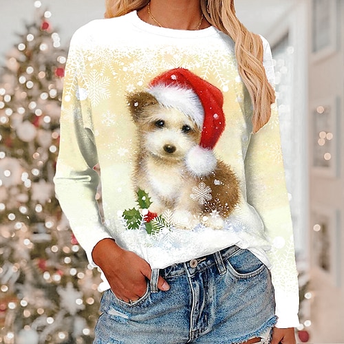 

Women's T shirt Tee Yellow Dog Print Long Sleeve Christmas Weekend Basic Round Neck Regular Painting S