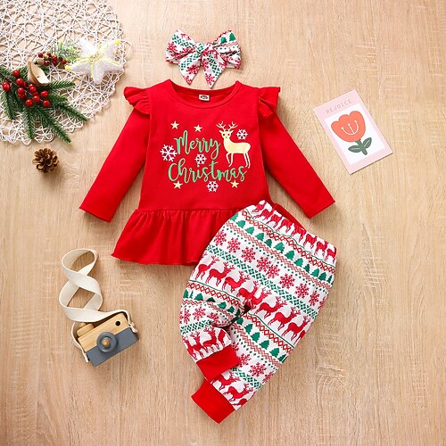 

2 Pieces Toddler Girls' Christmas Solid Color Pants Suit Set Long Sleeve Fashion Performance 3-7 Years Winter Green Red White