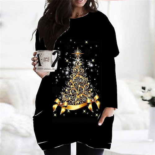 

Women's Plus Size Christmas Dress Christmas Tree Long Sleeve Winter Fall Casual Festival Mini Dress Going out Dress