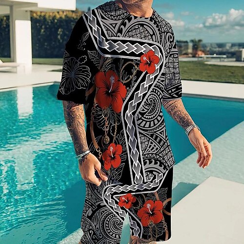 

Men's Shorts and T Shirt Set T-Shirt Outfits Floral Graphic Prints Crew Neck Gray 3D Print Outdoor Street Short Sleeve 3D Print Clothing Apparel 2pcs Basic Classic Comfortable Big and Tall