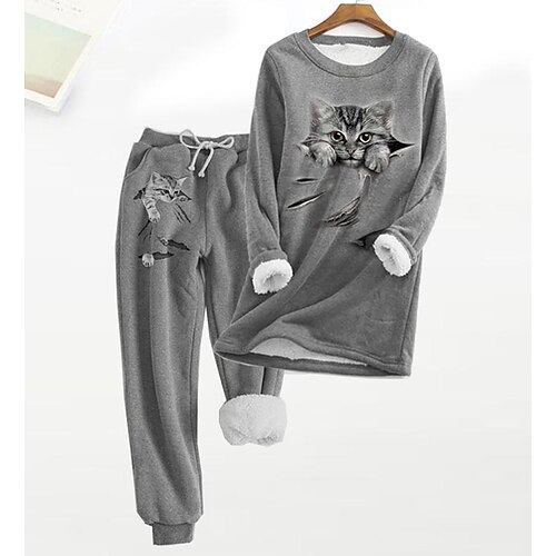 

Women's Plus Size Tops Set Cat Print Long Sleeve Crew Neck Casual Modern Vacation Weekend Cotton Winter Fall Gray