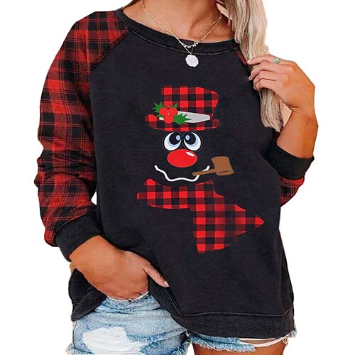 

Women's Plus Size Christmas Tops T shirt Tee Plaid Snowman Print Long Sleeve Crew Neck Casual Festival Daily Polyester Winter Fall Black