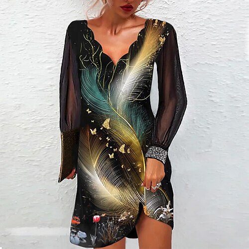 

Women's Casual Dress Sheath Dress Mini Dress Black Long Sleeve Graphic Mesh Winter Fall Spring V Neck Stylish Weekend 2022 S M L XL XXL 3XL