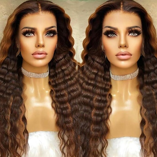 

Unprocessed Virgin Hair 13x4 Lace Front Wig Middle Part Brazilian Hair Deep Wave Multi-color Wig 130% 150% Density with Baby Hair Highlighted / Balayage Hair Natural Hairline 100% Virgin Pre-Plucked