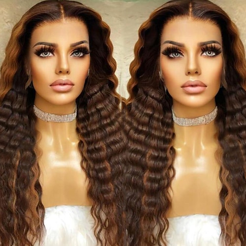 

Ubearbeidet jomfruhår 13x4 blonder foran Parykk Midtdel Brasiliansk hår Dyp Bølge Flerfarvet Parykk 130% 150% Hair Tetthet med baby hår Hår med highlights Naturlig hårlinje 100% Jomfru Pre-Plucked Til