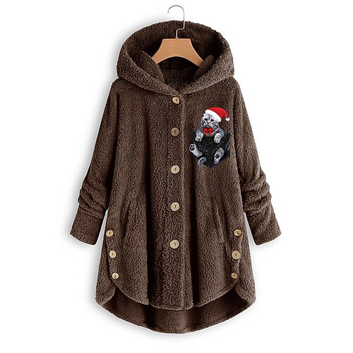 

Women's Sherpa jacket Fleece Jacket Teddy Coat Windproof Warm Outdoor Christmas Daily Wear Vacation Button Pocket Print Single Breasted Hoodie Modern Plush Christmas Animal Regular Fit Outerwear Long