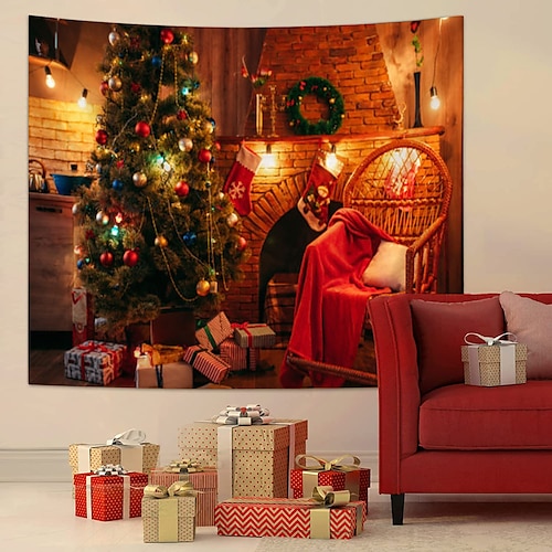 

Christmas Santa Claus Holiday Party Wall Tapestry Art Decor Photo Background Backdrop Blanket Curtain Picnic Tablecloth Hanging Home Bedroom Living Room Dorm Decoration Christmas Tree Sock Fireplace