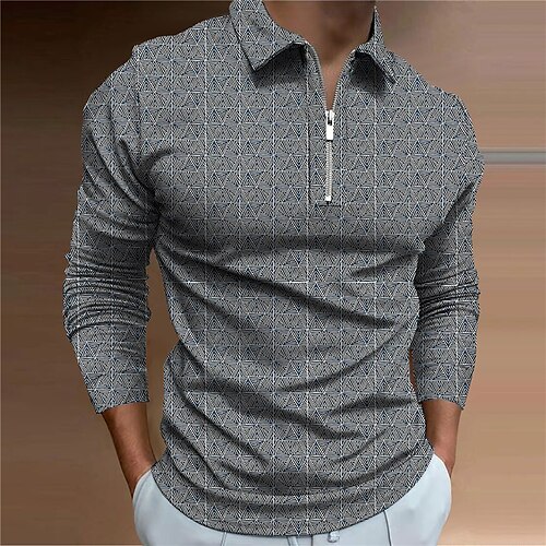 

Men's Polo Shirt Golf Shirt Graphic Prints Geometry Turndown Dark Green Gray 3D Print Outdoor Street Long Sleeve Zipper Print Clothing Apparel Fashion Designer Casual Soft