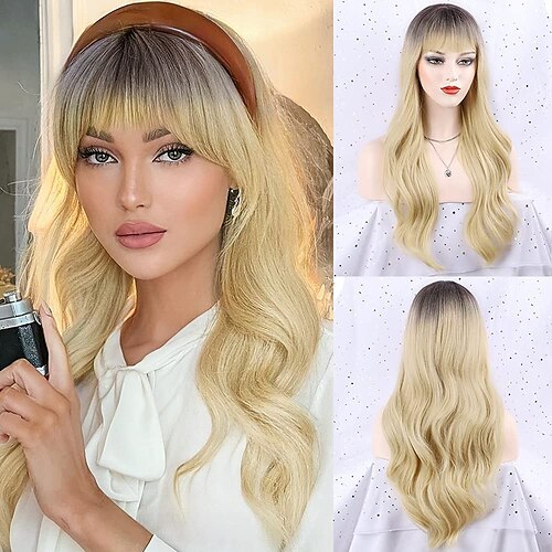 

Perruque blonde avec frange longue perruque blonde ombrée perruques ondulées blondes pour femmes perruques blondes résistantes à la chaleur pour la fête quotidienne