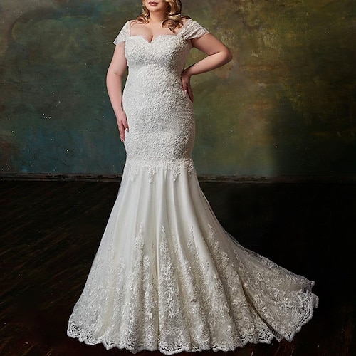 

Mermaid / Trumpet Wedding Dresses Off Shoulder Court Train Lace Tulle Sleeveless Romantic Sexy with Pleats Appliques 2022