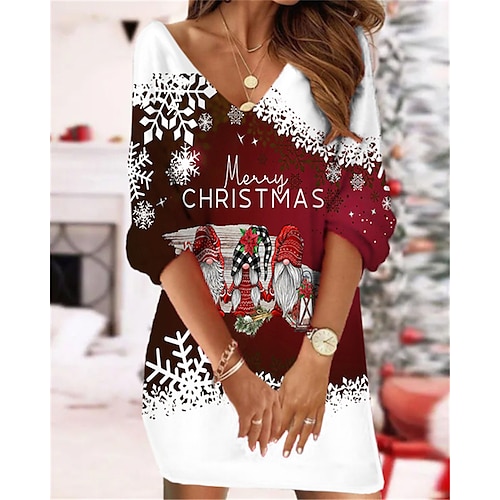 

Women's Christmas Sweatshirt Dress Shift Dress Sweat Dress Mini Dress Black Blue Wine 3/4 Length Sleeve Letter Print Winter Fall Autumn V Neck Fashion 2022 S M L XL XXL 3XL