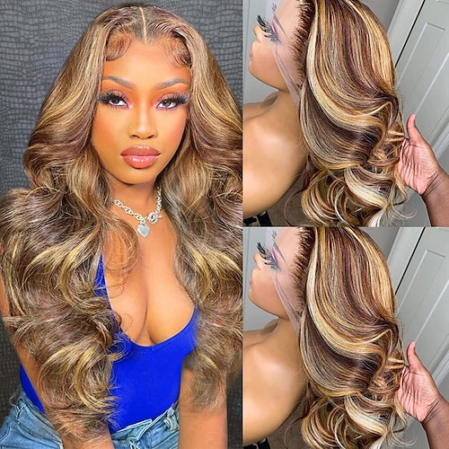 

Highlight Ombre Lace Front Wig Human Hair Pre Plucked 13x4 HD Transparent 4/27 Honey Blonde lace frontal Wigs with Baby Hair 150% Density Colored Body Wave Lace Front wig Human Hair for Black Women