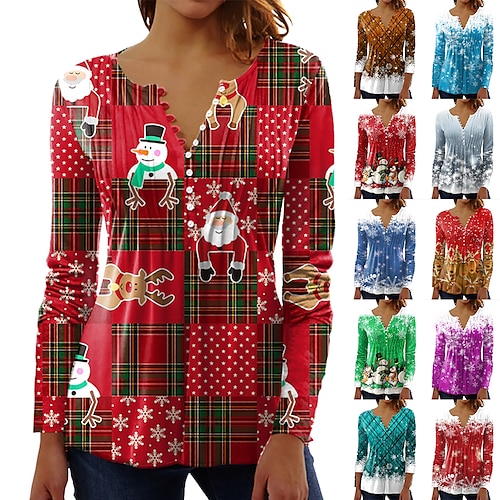 

Women's Blouse Shirt Maroon Wine Red Green Plaid Deer Button Print Long Sleeve Christmas Streetwear Casual Round Neck Regular S