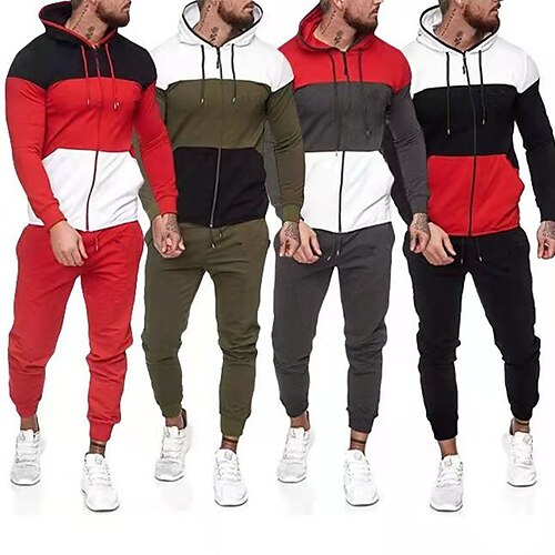 

Herre Træningsdragt sweatsuit Joggingdragter Sort Rød Grøn Sort / Hvid Grå Hætte Farveblok Blondér Lomme 2 stk Sport & Udendørs Daglig I-byen-tøj Sej Sportstøj Afslappet Forår Efterår vinter Tøj